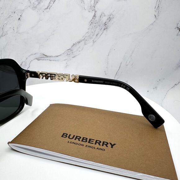 New Burberry Sunglasses Black Square Gold Metal Cut Out BURBERRY Logo Womens - Picture 12 of 16